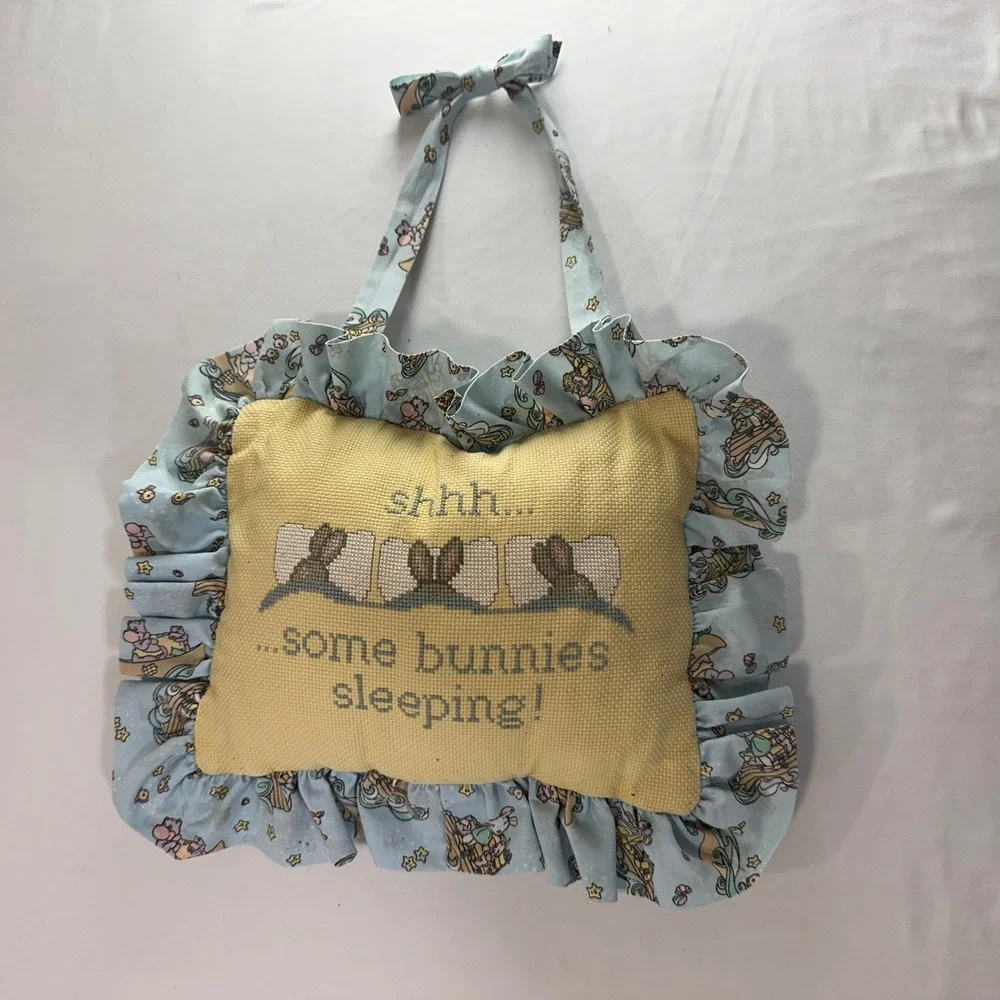 Vintage Handmade Cross Stitch Some Bunnies Sleeping Hanging Pillow Cottagecore
